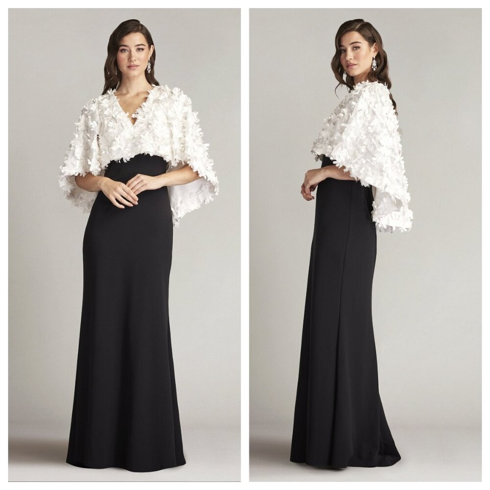 Tadashi Shoji 3D Floral Elyza Capelet Gown Black/ivory
